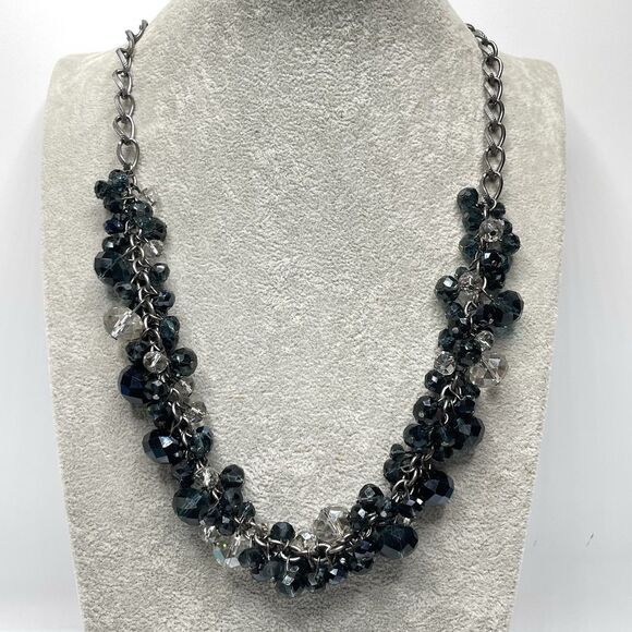 Aldo Gunmetal Dark Blue White Glass Cha Cha Beaded Necklace Boho Fashion
